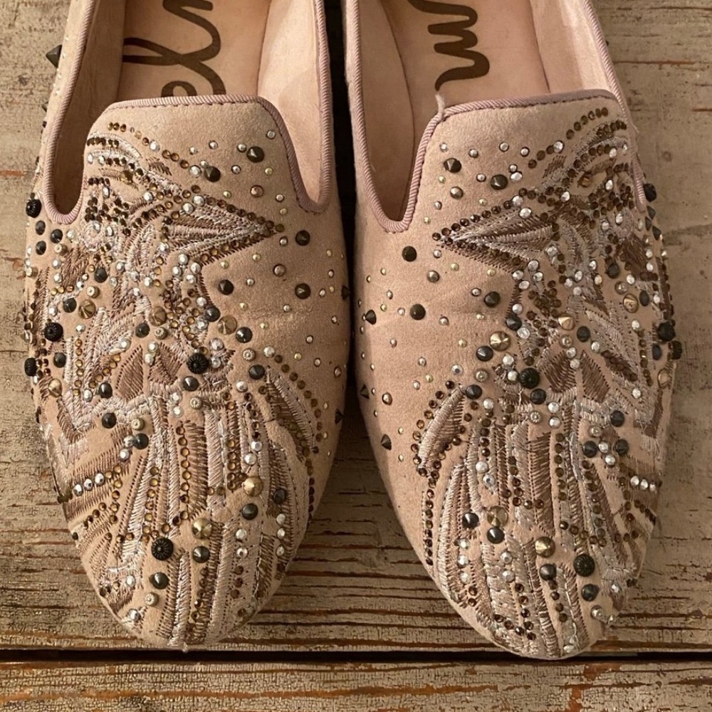SAM EDELMAN Avalon Embellished Studded Embroidered Tan Suede Loafers Womans 8.5M